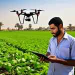 **Prompt:** A vibrant depiction of modern agriculture in Egypt. A young Egyptian farmer using a tablet to monitor smart irrigation systems in lush fields alongside the Nile, with a drone subtly visible in the sky. The scene should blend traditional agricultural aesthetics with elements of advanced technology, conveying efficiency and innovation.