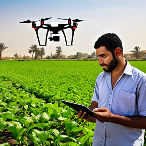Home 16 **Prompt:** A vibrant depiction of modern agriculture in Egypt. A young Egyptian farmer using a tablet to monitor smart irrigation systems in lush fields alongside the Nile, with a drone subtly visible in the sky. The scene should blend traditional agricultural aesthetics with elements of advanced technology, conveying efficiency and innovation.