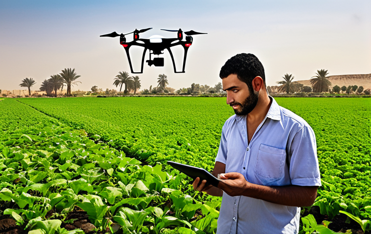 **Prompt:** A vibrant depiction of modern agriculture in Egypt. A young Egyptian farmer using a tablet to monitor smart irrigation systems in lush fields alongside the Nile, with a drone subtly visible in the sky. The scene should blend traditional agricultural aesthetics with elements of advanced technology, conveying efficiency and innovation.