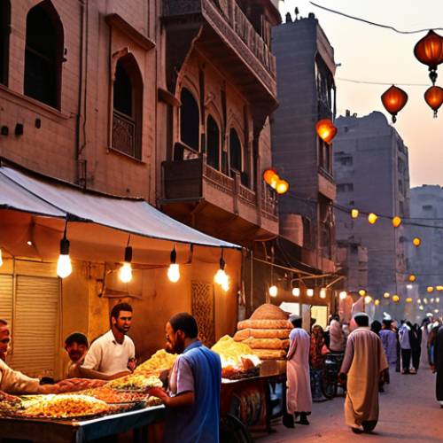 Home 15 **
"Vibrant Cairo street scene at dusk during Ramadan. Focus on the "Fanous" lanterns illuminating the buildings and street vendors. People are gathered, preparing for Iftar. Warm, festive lighting."
**