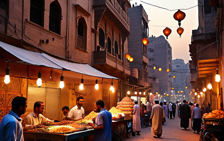 **
"Vibrant Cairo street scene at dusk during Ramadan. Focus on the "Fanous" lanterns illuminating the buildings and street vendors. People are gathered, preparing for Iftar. Warm, festive lighting."
**