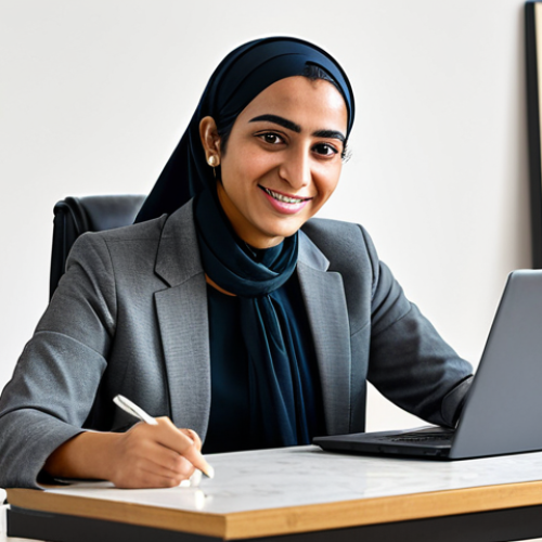 Home 8 A professional Egyptian female content creator, in her late 20s, with a friendly expression. She is fully clothed in modest, contemporary business-casual attire, subtly incorporating traditional Egyptian design elements. She is seated at a clean, modern desk, focused on editing a video on a laptop, with a professional microphone positioned nearby. The background is a bright, sunlit home studio, featuring a tasteful blend of modern decor and authentic Egyptian art pieces. perfect anatomy, correct proportions, natural pose, well-formed hands, proper finger count, natural body proportions, professional photography, high quality, safe for work, appropriate content, fully clothed, family-friendly.