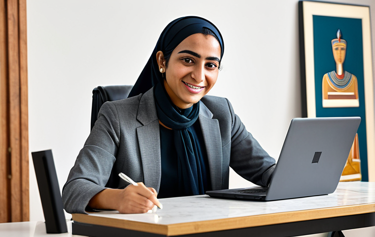 A professional Egyptian female content creator, in her late 20s, with a friendly expression. She is fully clothed in modest, contemporary business-casual attire, subtly incorporating traditional Egyptian design elements. She is seated at a clean, modern desk, focused on editing a video on a laptop, with a professional microphone positioned nearby. The background is a bright, sunlit home studio, featuring a tasteful blend of modern decor and authentic Egyptian art pieces. perfect anatomy, correct proportions, natural pose, well-formed hands, proper finger count, natural body proportions, professional photography, high quality, safe for work, appropriate content, fully clothed, family-friendly.