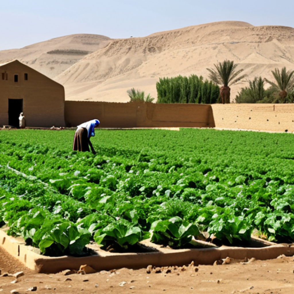 Sustainable Agriculture in the Egyptian Desert**

"A lush, green organic farm in the arid Egyptian desert, showcasing drip irrigation systems watering rows of healthy crops. In the background, traditional mud-brick buildings can be seen. Farmers are working the land, using sustainable methods. The image should convey a sense of hope and resilience in the face of climate change. Bright, sunny day. high quality, realistic, appropriate content, fully clothed, family-friendly, safe for work, professional"

**