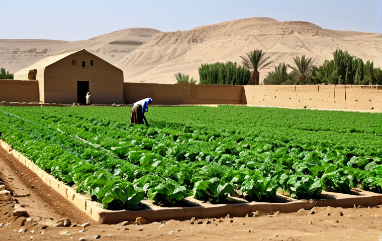 Sustainable Agriculture in the Egyptian Desert**

"A lush, green organic farm in the arid Egyptian desert, showcasing drip irrigation systems watering rows of healthy crops. In the background, traditional mud-brick buildings can be seen. Farmers are working the land, using sustainable methods. The image should convey a sense of hope and resilience in the face of climate change. Bright, sunny day. high quality, realistic, appropriate content, fully clothed, family-friendly, safe for work, professional"

**