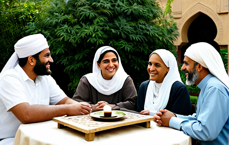 Interreligious Dialogue**

*   A diverse group of people, dressed in modest clothing representative of different faiths (Islamic, Coptic Christian, etc.), sitting around a table outdoors in a garden setting. They are smiling and engaged in conversation. The scene should convey respect and understanding. In the background, there's a hint of traditional Egyptian architecture.
*   Keywords: interfaith dialogue, religious tolerance, community, understanding, diverse cultures, fully clothed, appropriate attire, professional, safe for work, perfect anatomy, natural proportions, professional photography, high quality.

**
