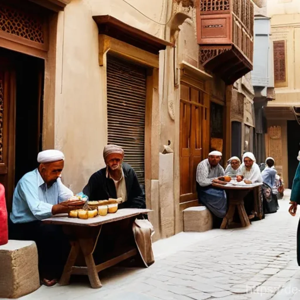 이집트의 유명한 현대 작가들 - **Prompt:** "A vibrant and authentic street scene in a narrow alleyway of historic Old Cairo. The ar...