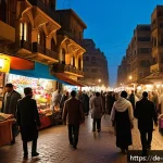 Home 21 이집트 북부와 남부 문화 차이 - A vibrant street scene in Cairo at dusk, bustling with diverse crowds representing various social cl...