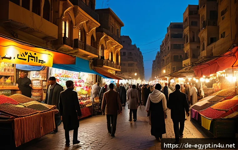 이집트 북부와 남부 문화 차이 - A vibrant street scene in Cairo at dusk, bustling with diverse crowds representing various social cl...