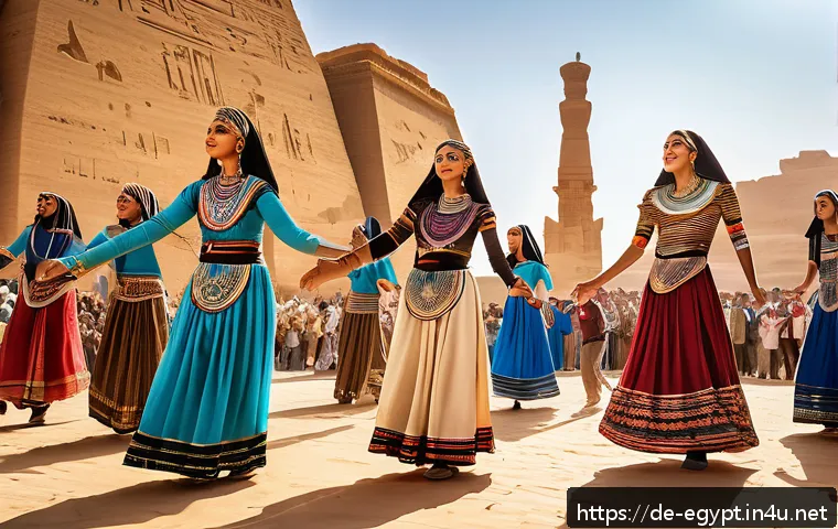 이집트의 전통 무용과 현대 무용 비교 - A vibrant scene of traditional Egyptian folk dancers performing outdoors during a community festival...
