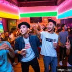 Home 23 이집트에서 인기 있는 한국 문화 - A vibrant scene of Egyptian youth gathered in a lively Cairo café, enthusiastically watching and dan...