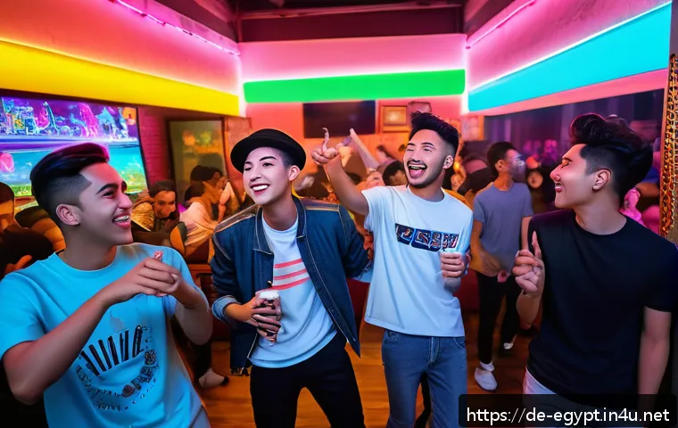 이집트에서 인기 있는 한국 문화 - A vibrant scene of Egyptian youth gathered in a lively Cairo café, enthusiastically watching and dan...